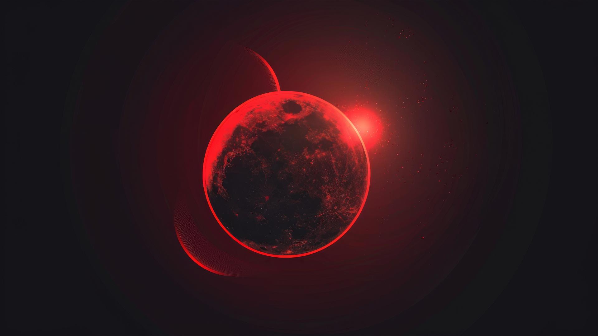 Minimalist vector art of red planet and black sun with cinematic lighting