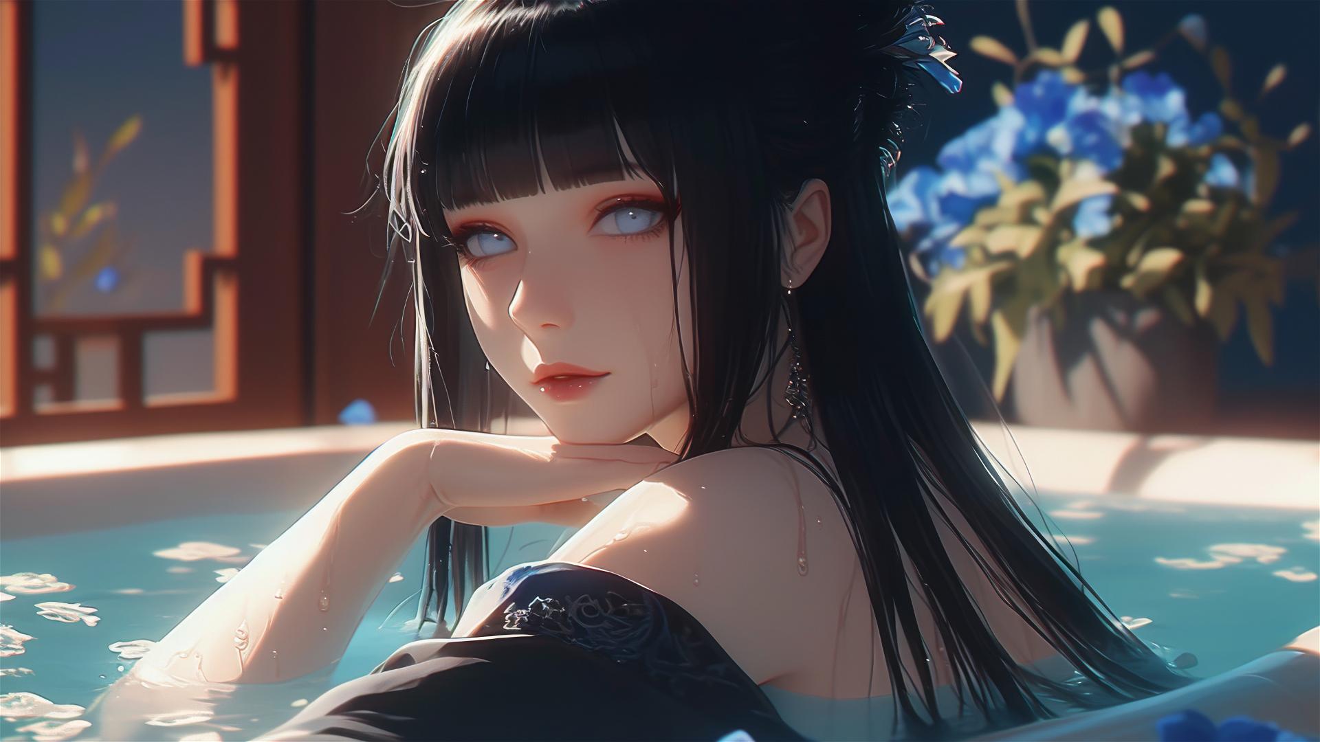 Hinata Hyuga in a tub of flowers inside a Chinese spa with white eyes.