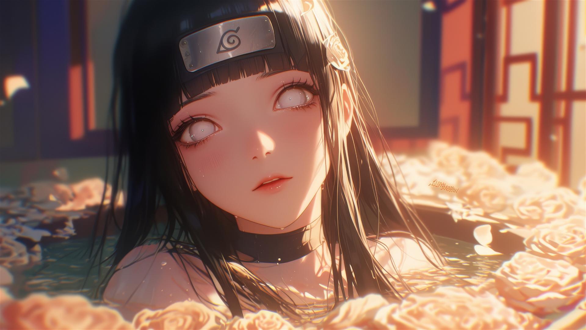 Hinata Hyuga from Naruto in a tub with flowers, inside a Chinese spa