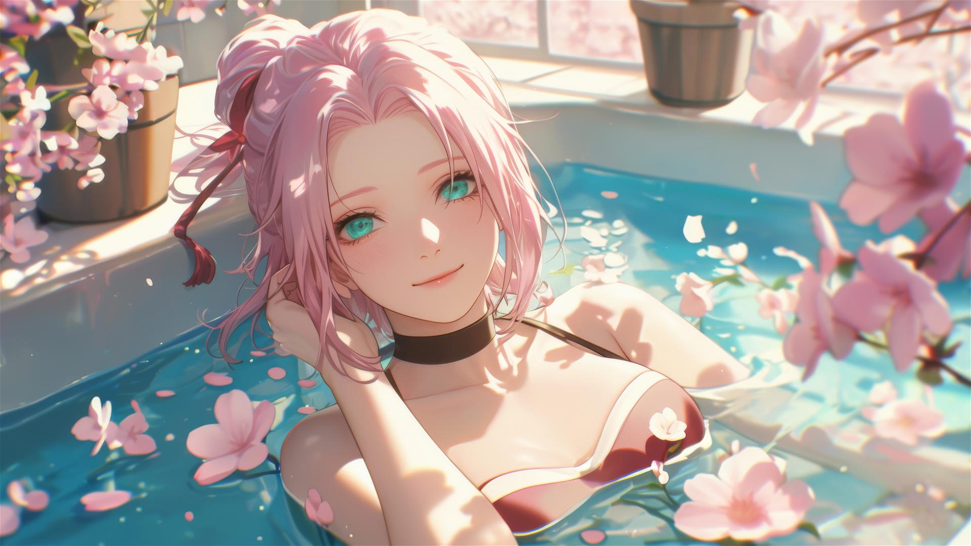 Sakura Haruno from Naruto in a flower-filled tub at a Chinese spa.