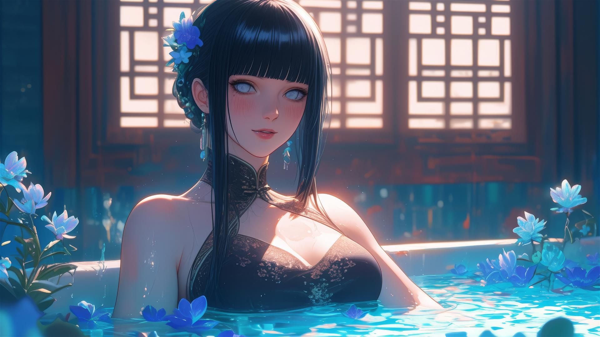 Hinata Hyuga with white eyes in a tub full of flowers at a Chinese spa