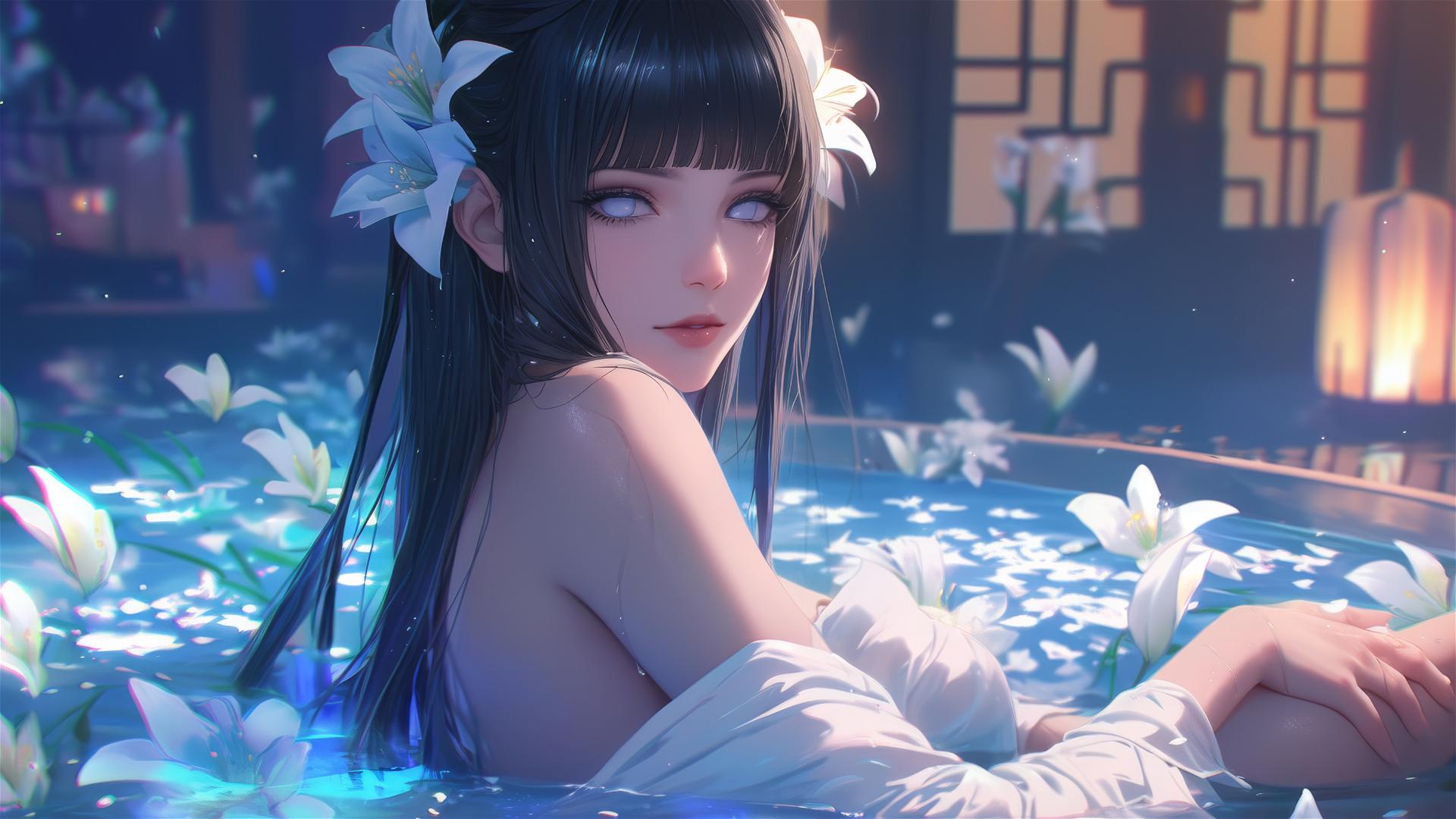Hinata Hyuga from Naruto in a tub filled with flowers, inside a Chinese spa.