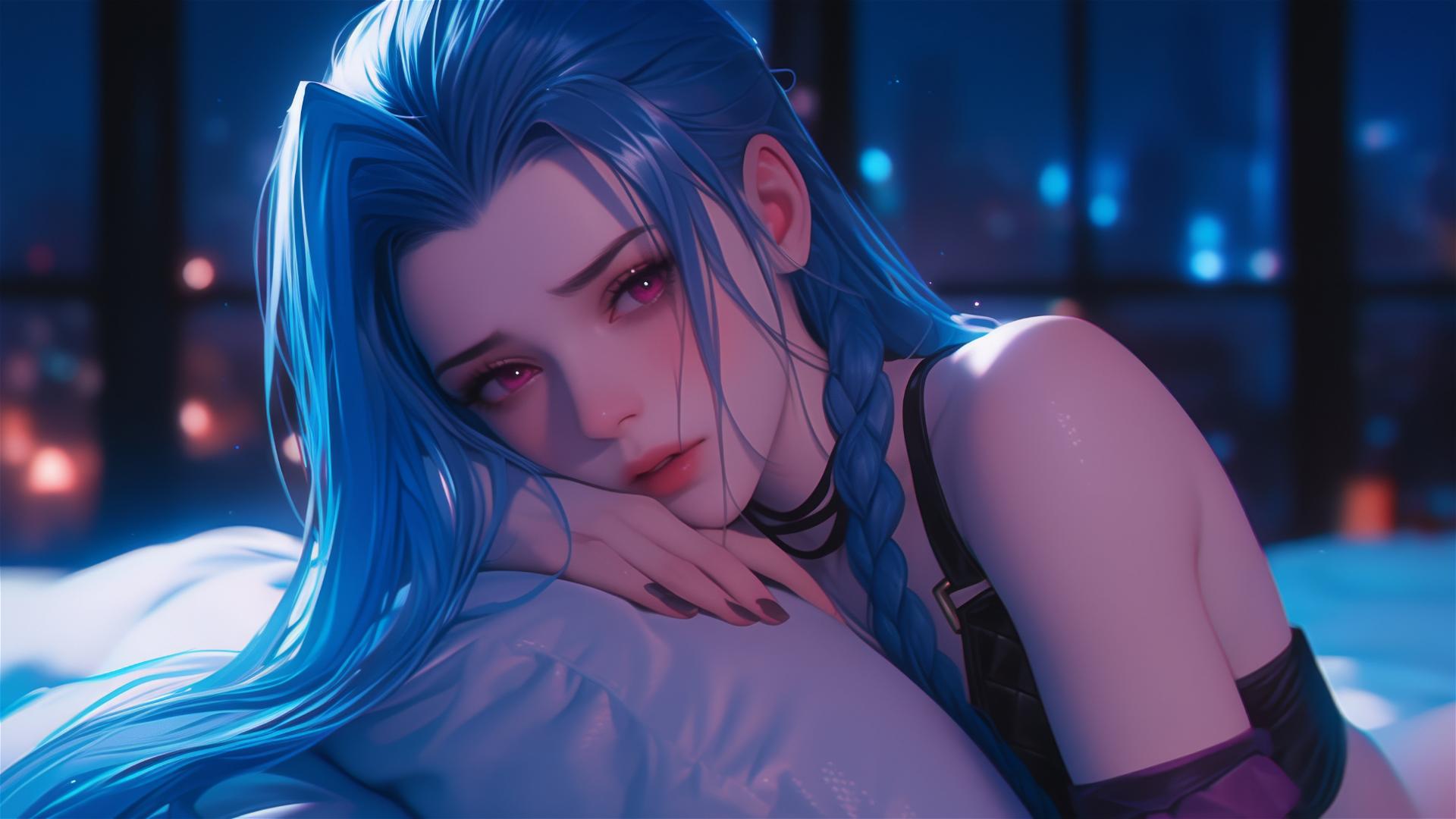 Jinx from League of Legends rests in an apartment with moonlight glow