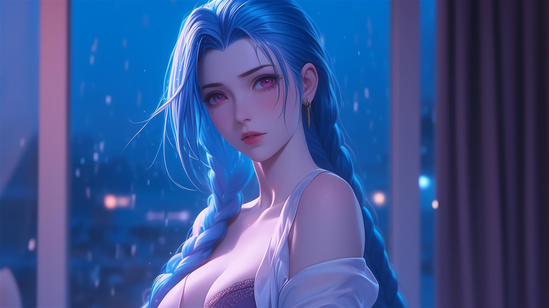 Jinx from League of Legends stands in an apartment, moonlight softens her figure.