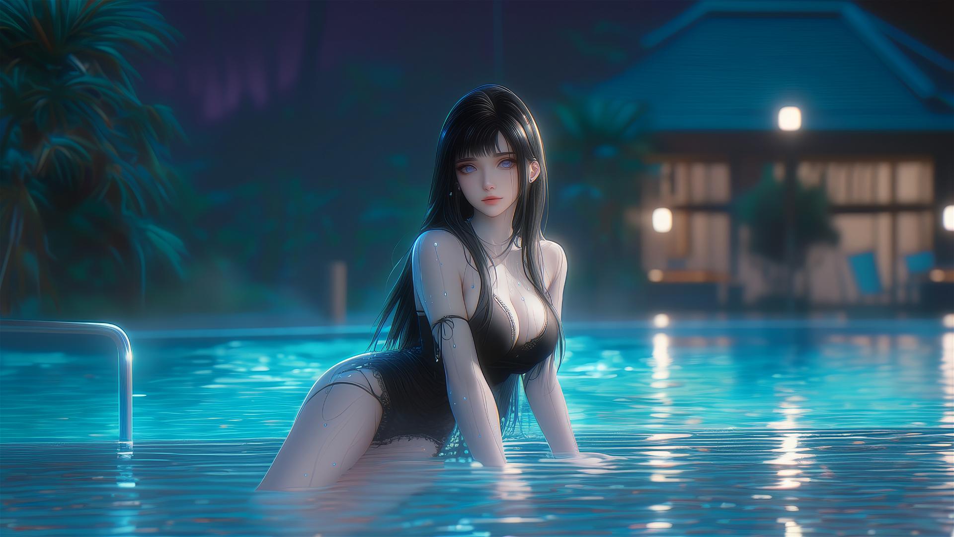 Hinata Hyuga resting by a rainy swimming pool under moonlight, super realistic