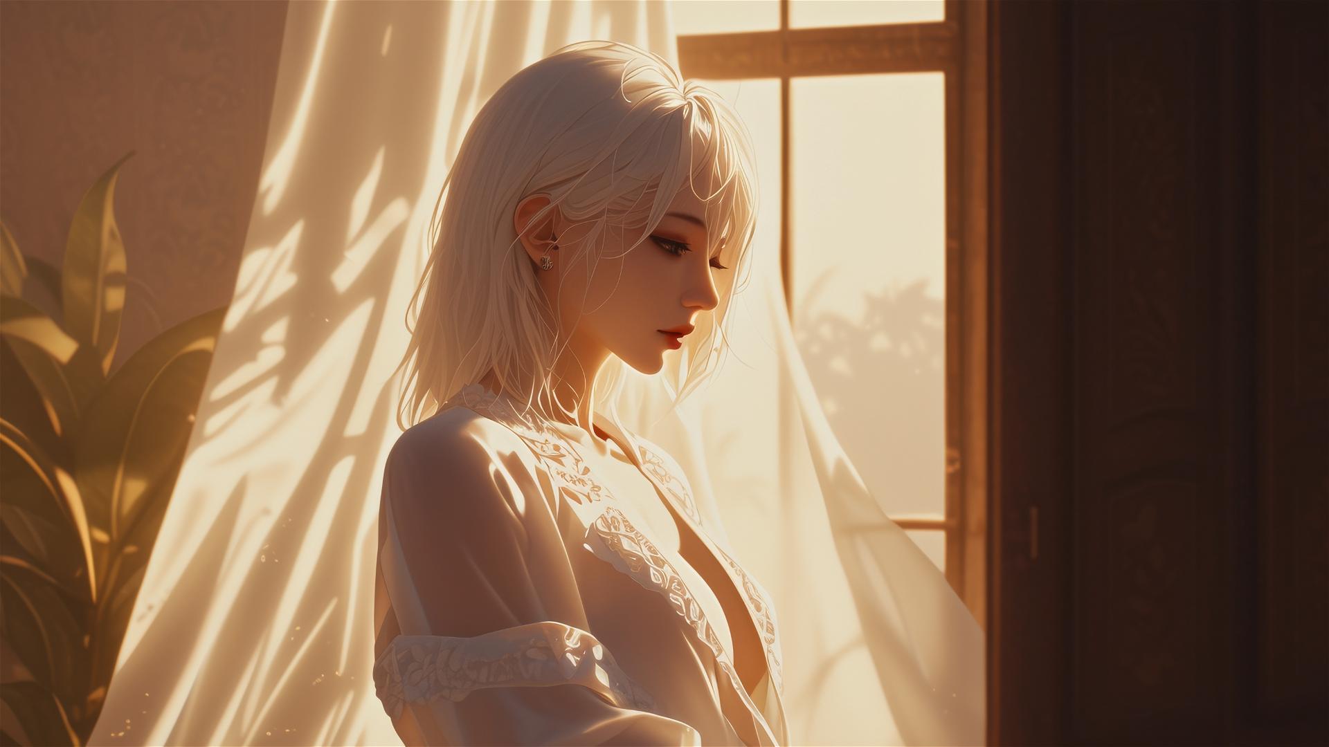 2B from Nier in white silk pajamas by a sunlit window