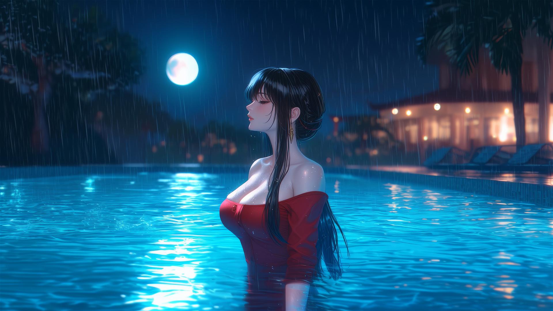 Yor Forger standing in a rainy pool with moonlight glow in red pajamas.