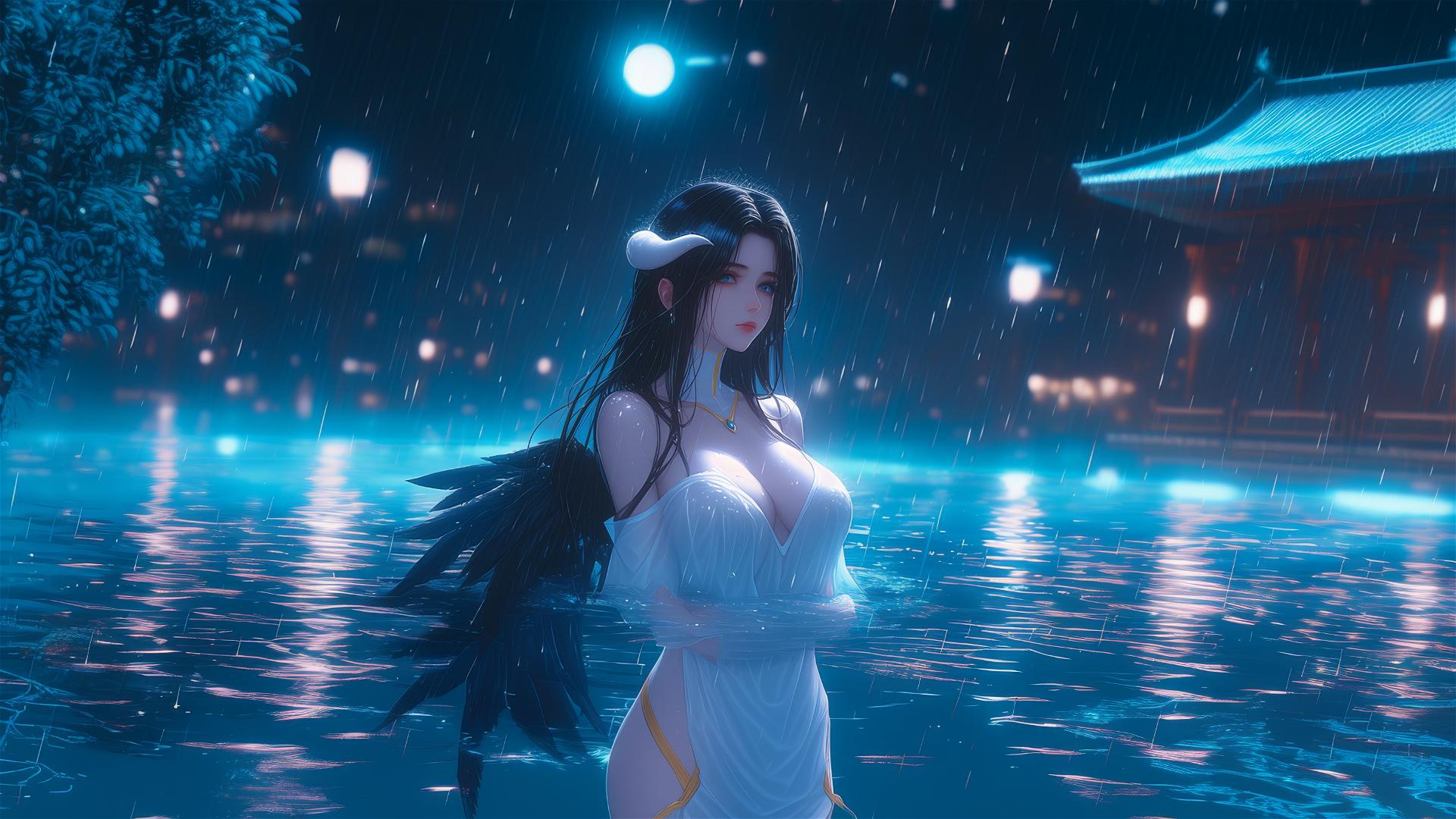Albedo from Overlord stands in a rainy swimming pool under moonlight.
