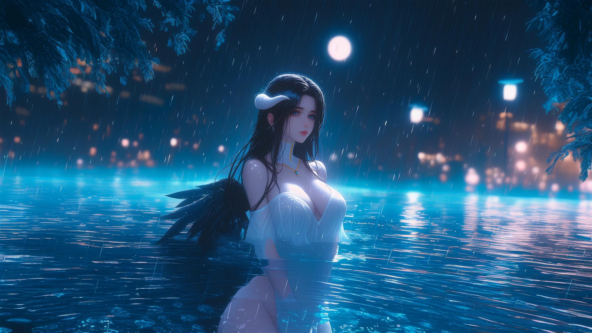 Albedo from Overlord standing in a rainy swimming pool with moonlight glow