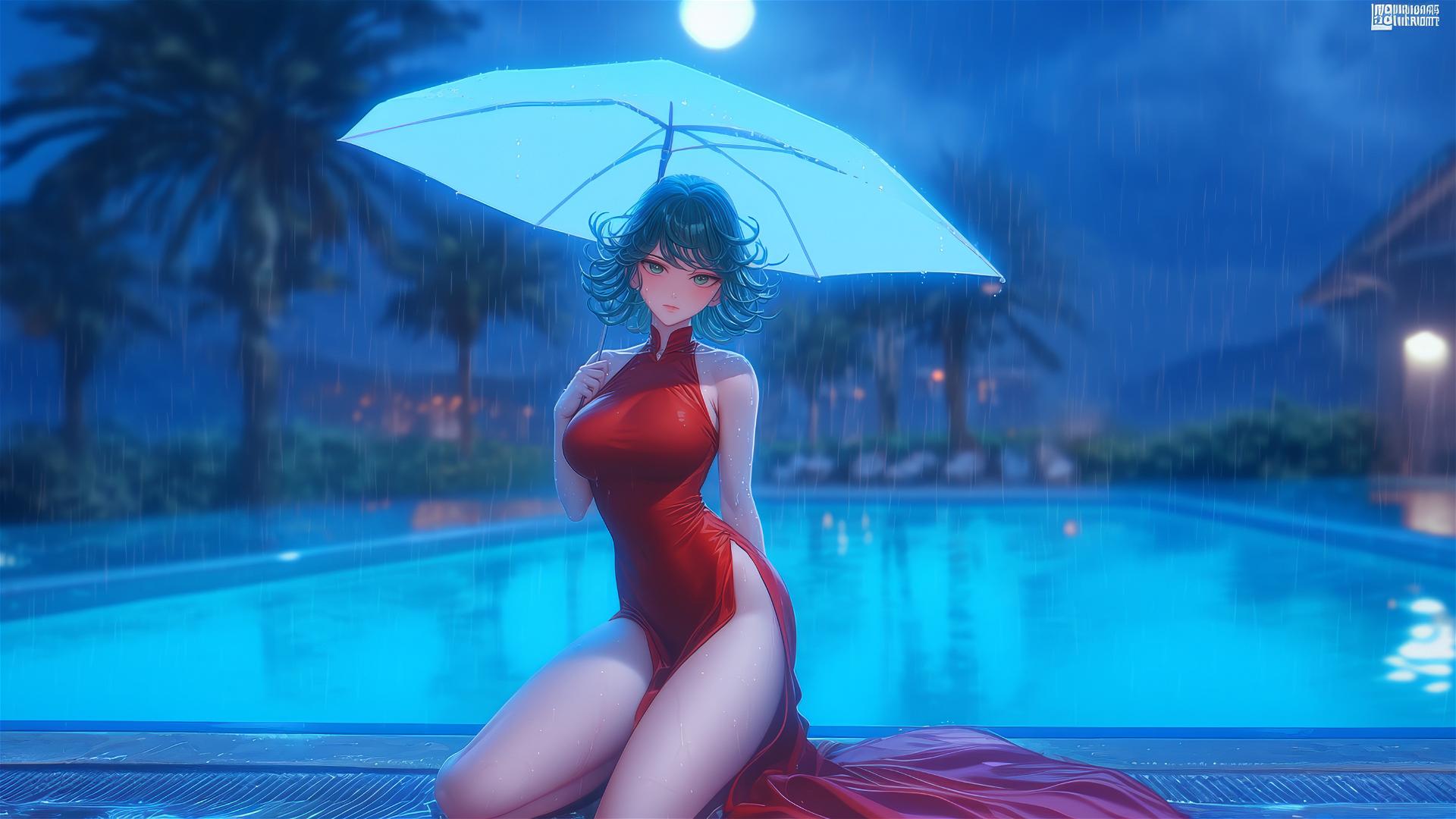 Tatsumaki resting by a moonlit pool in a rainy scene wearing a red dress