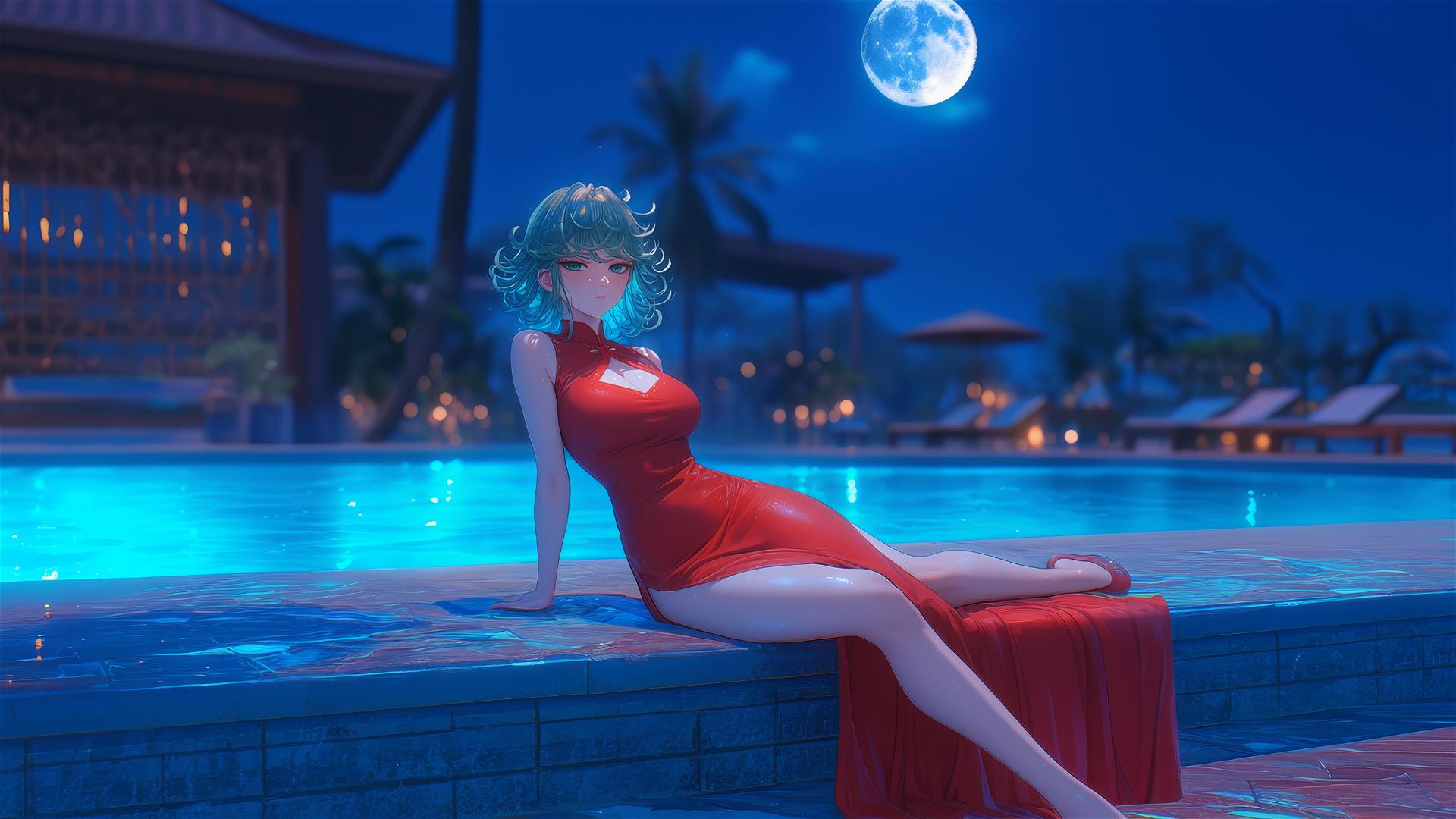 Tatsumaki from One-Punch Man resting by the swimming pool under moonlight in a red dress.