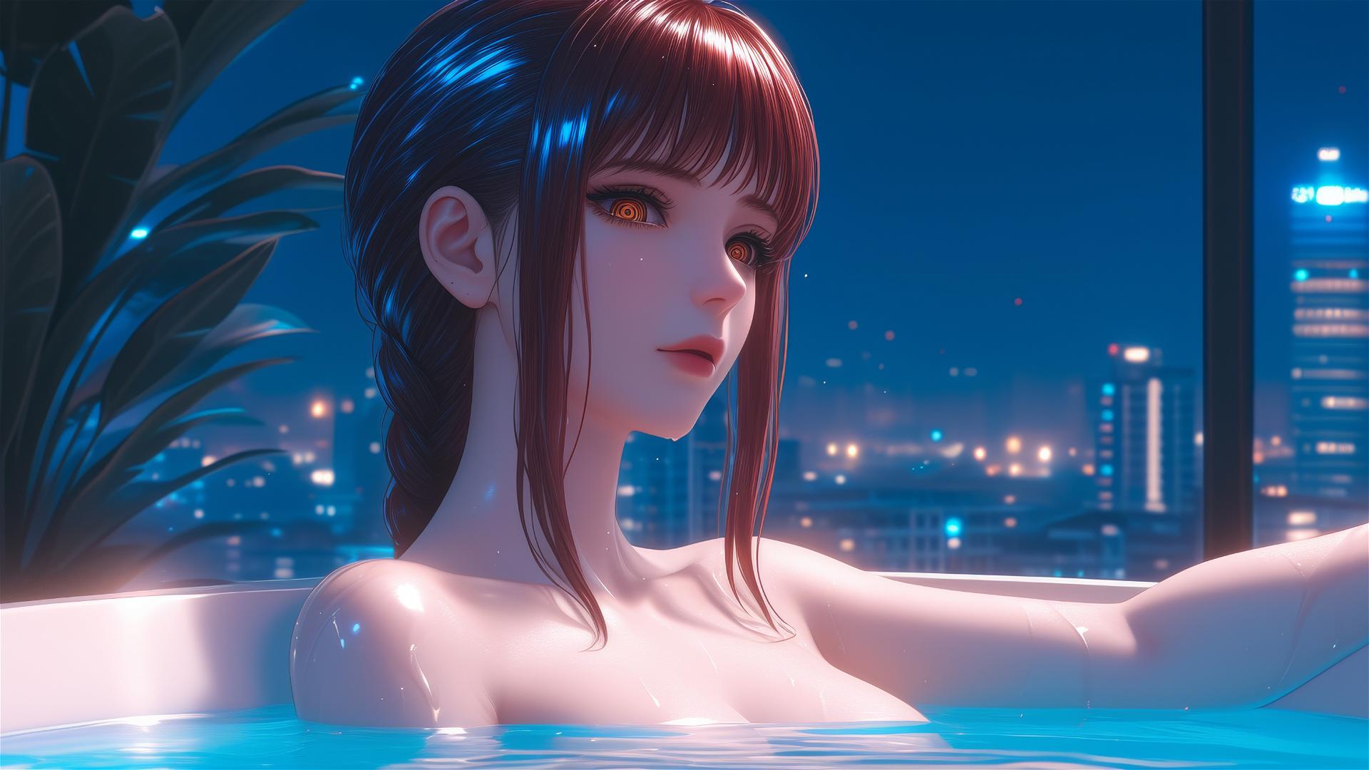 Makima resting in a tub under moonlight