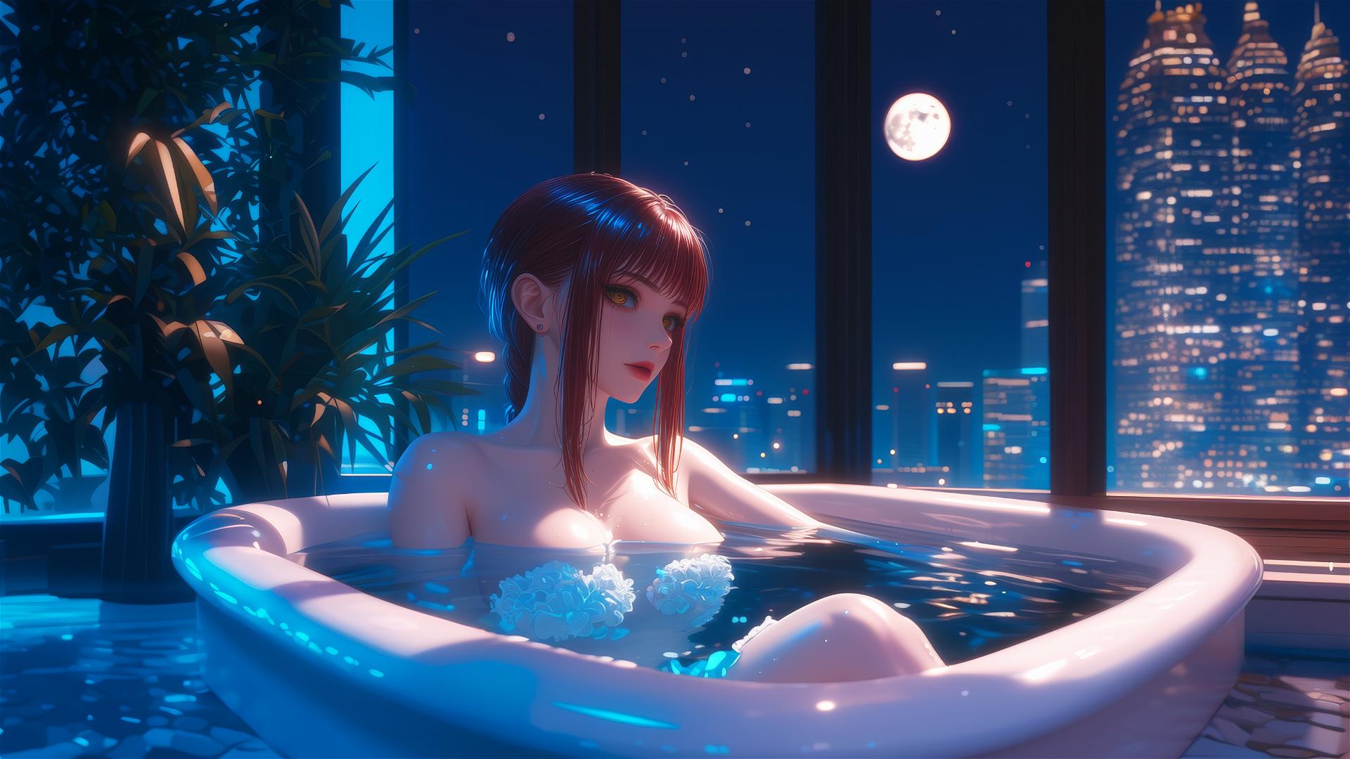 Makima from Chainsaw Man resting in a tub with moonlight glow.