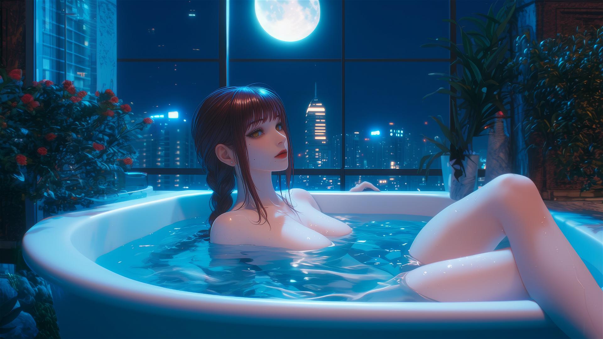 Makima from Chainsaw Man resting in a tub under moonlight
