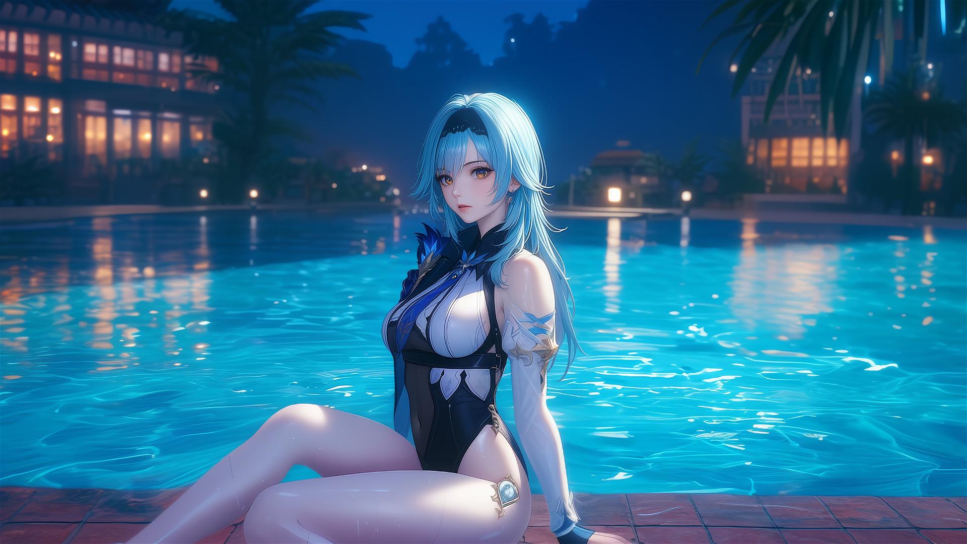 Eula Lawrence from Genshin Impact rests at a pool under moonlight.