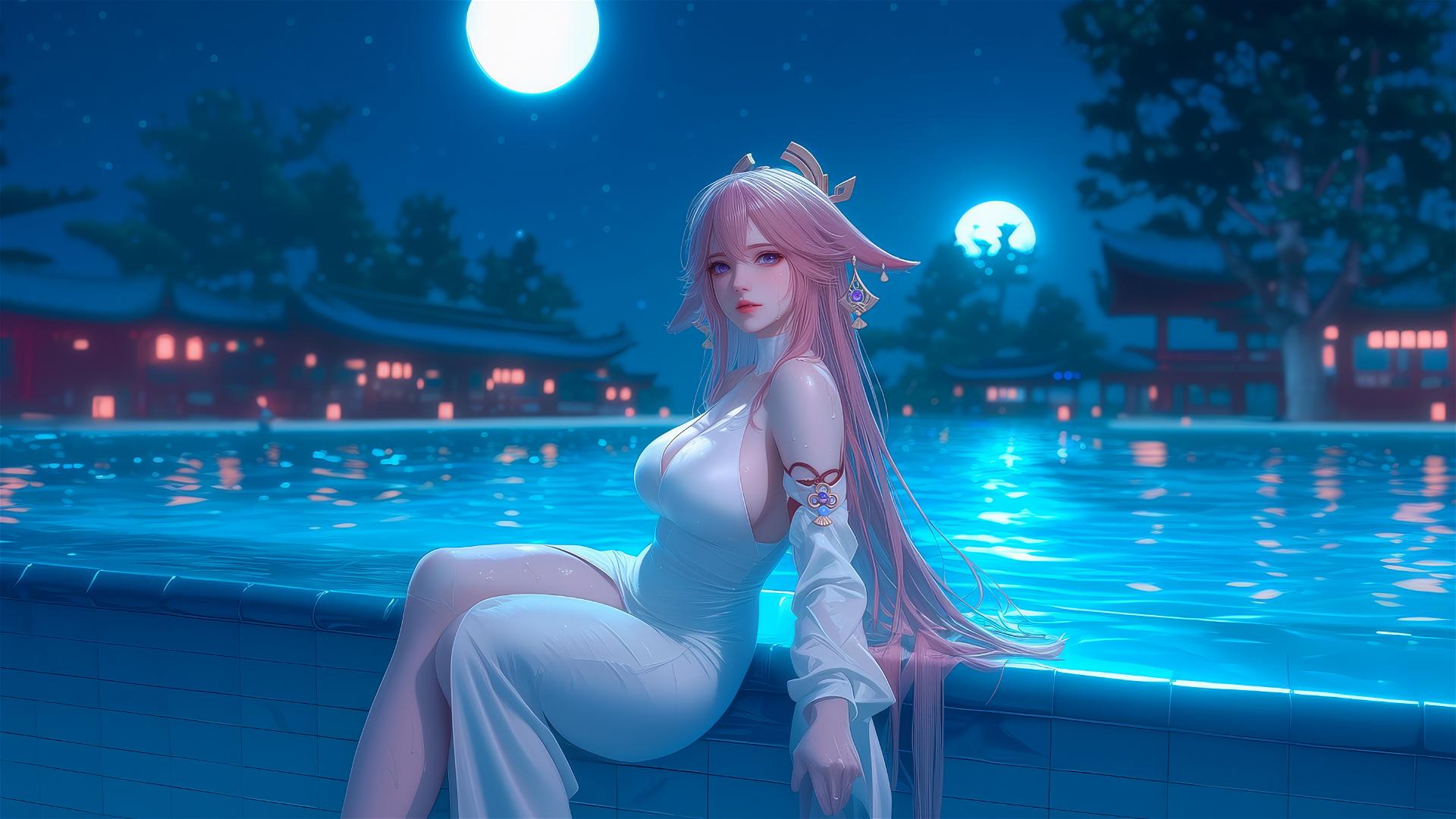 Yae Miko from Genshin Impact rests by moonlit swimming pool, pink hair, purple eyes.