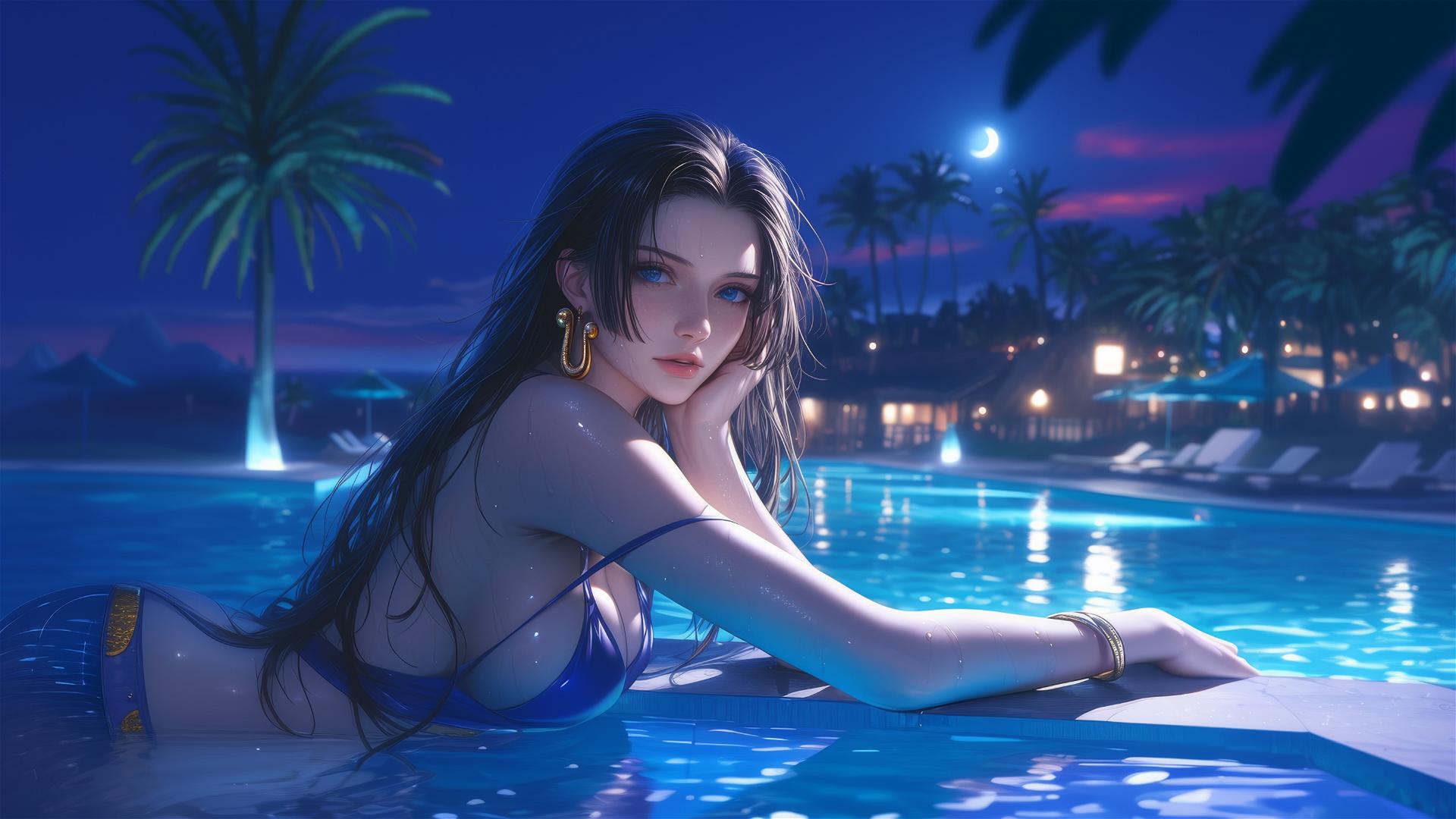 Boa Hancock resting by pool under moonlight