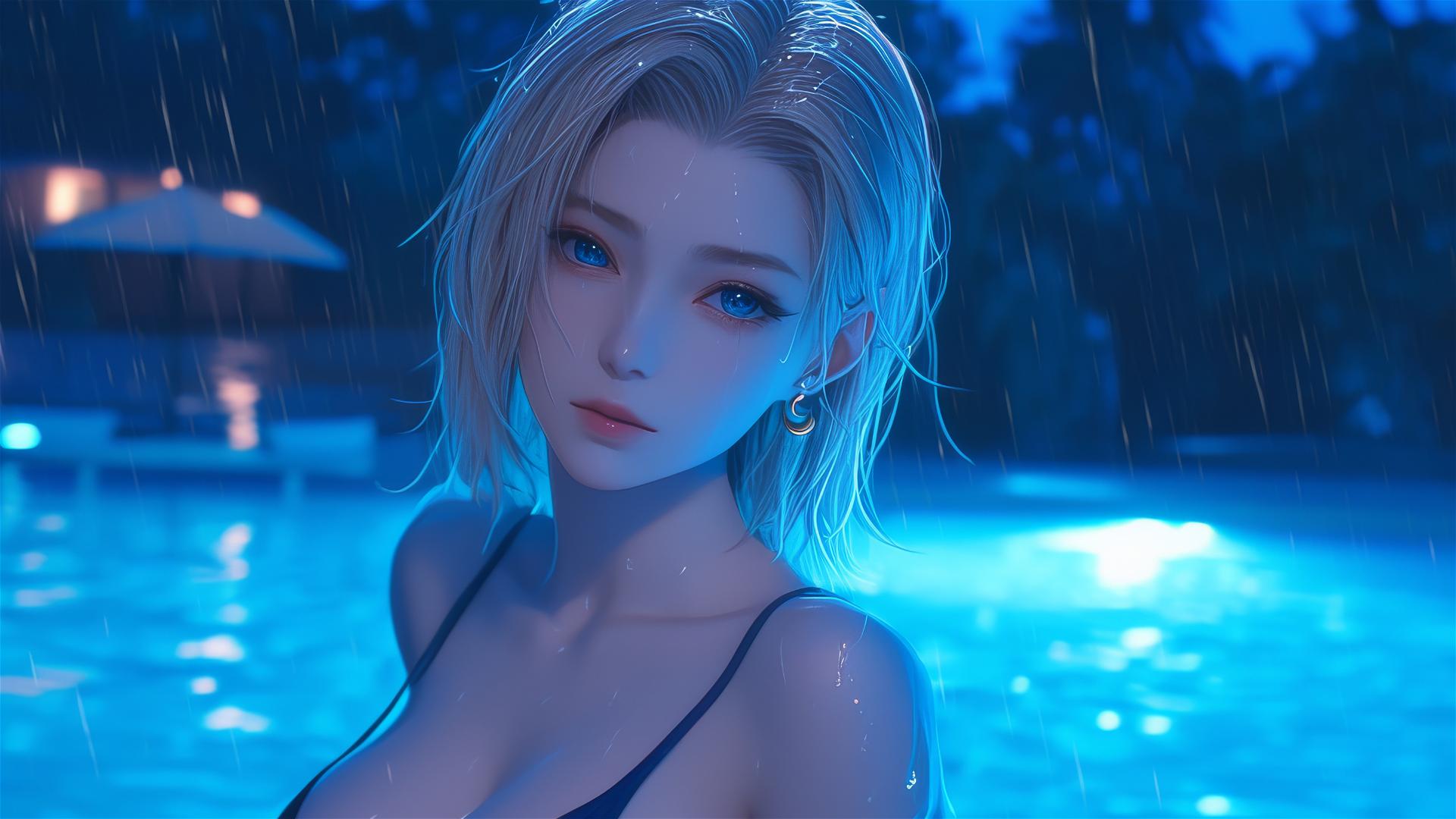 Android 18 resting by a rainy pool at night, moonlight glow