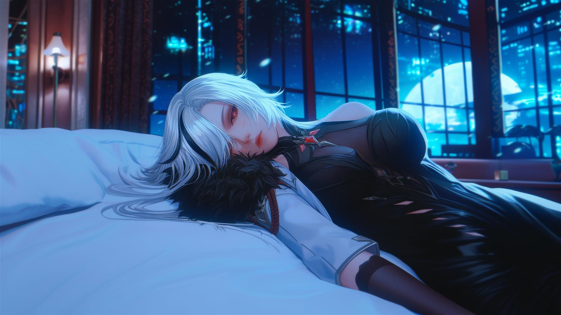 Arlecchino from Genshin Impact with snow white hair and black streaks, resting in a modern hotel room illuminated by moonlight.