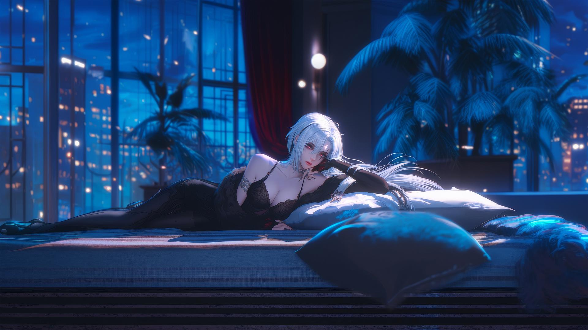 Arlecchino from Genshin Impact with white hair and black streaks, in modern hotel room lit by moonlight.