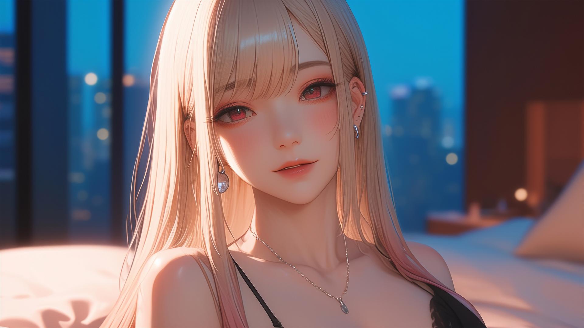 Marin Kitagawa with silky blonde and pinkish-red hair, sitting on a hotel bed under moonlight