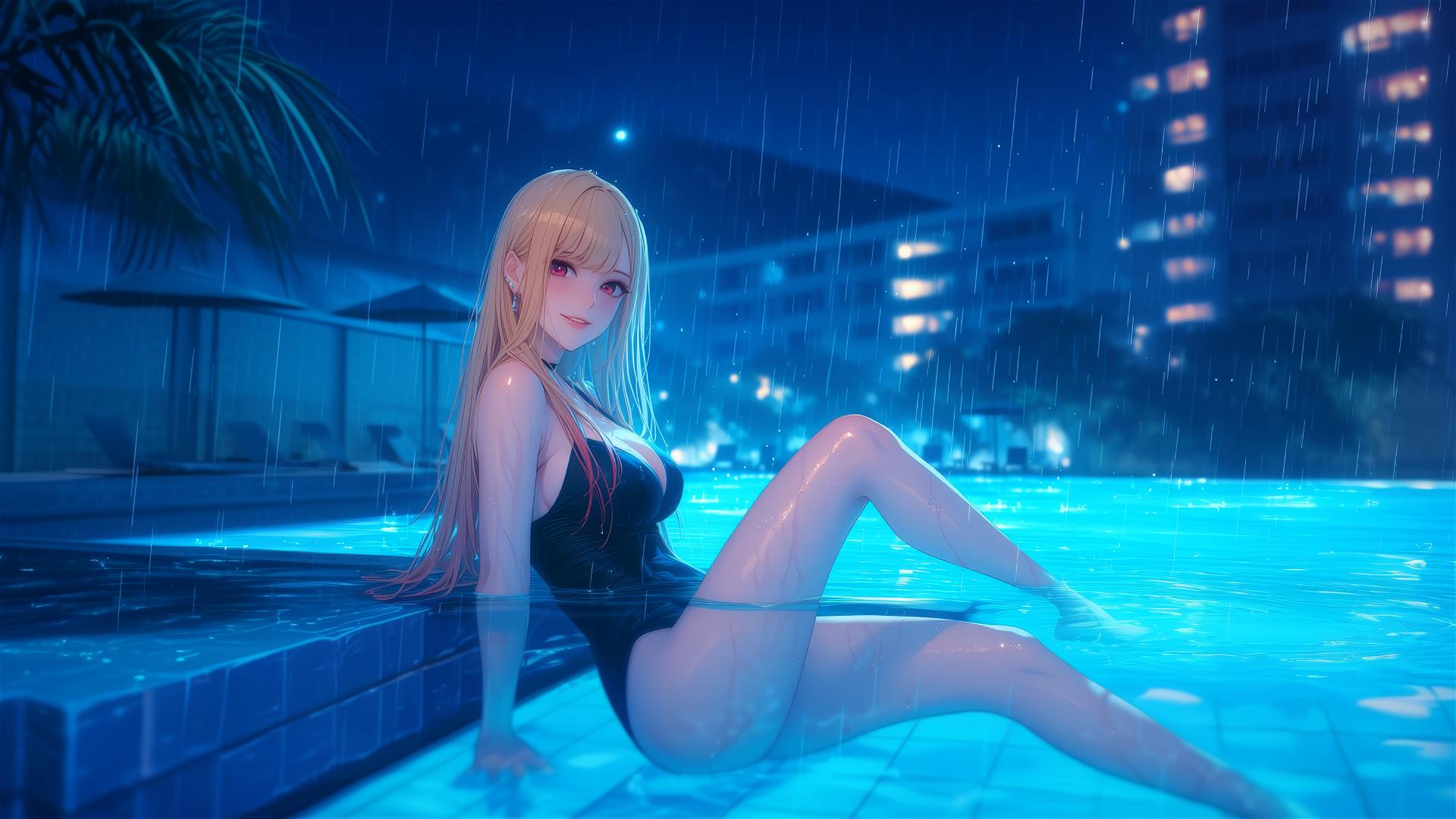 Marin Kitagawa from Kurikami City sitting by a rainy swimming pool, moonlight glow.