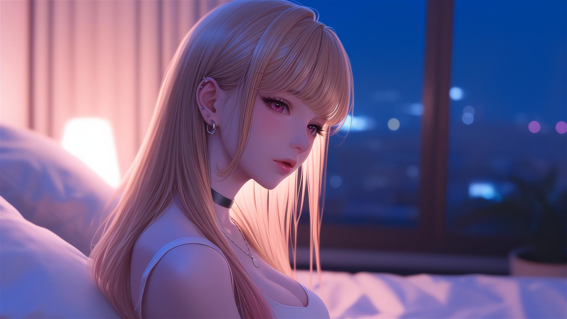Marin Kitagawa sitting on hotel bed, moonlight glow, silky blonde hair with pink tips, pinkish eyes