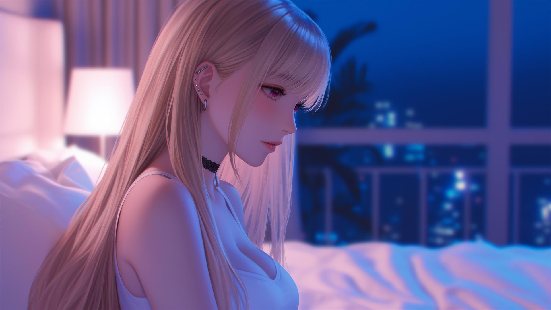 Marin Kitagawa sitting on hotel bed with moonlight, blonde hair with pink-red tips, pink eyes