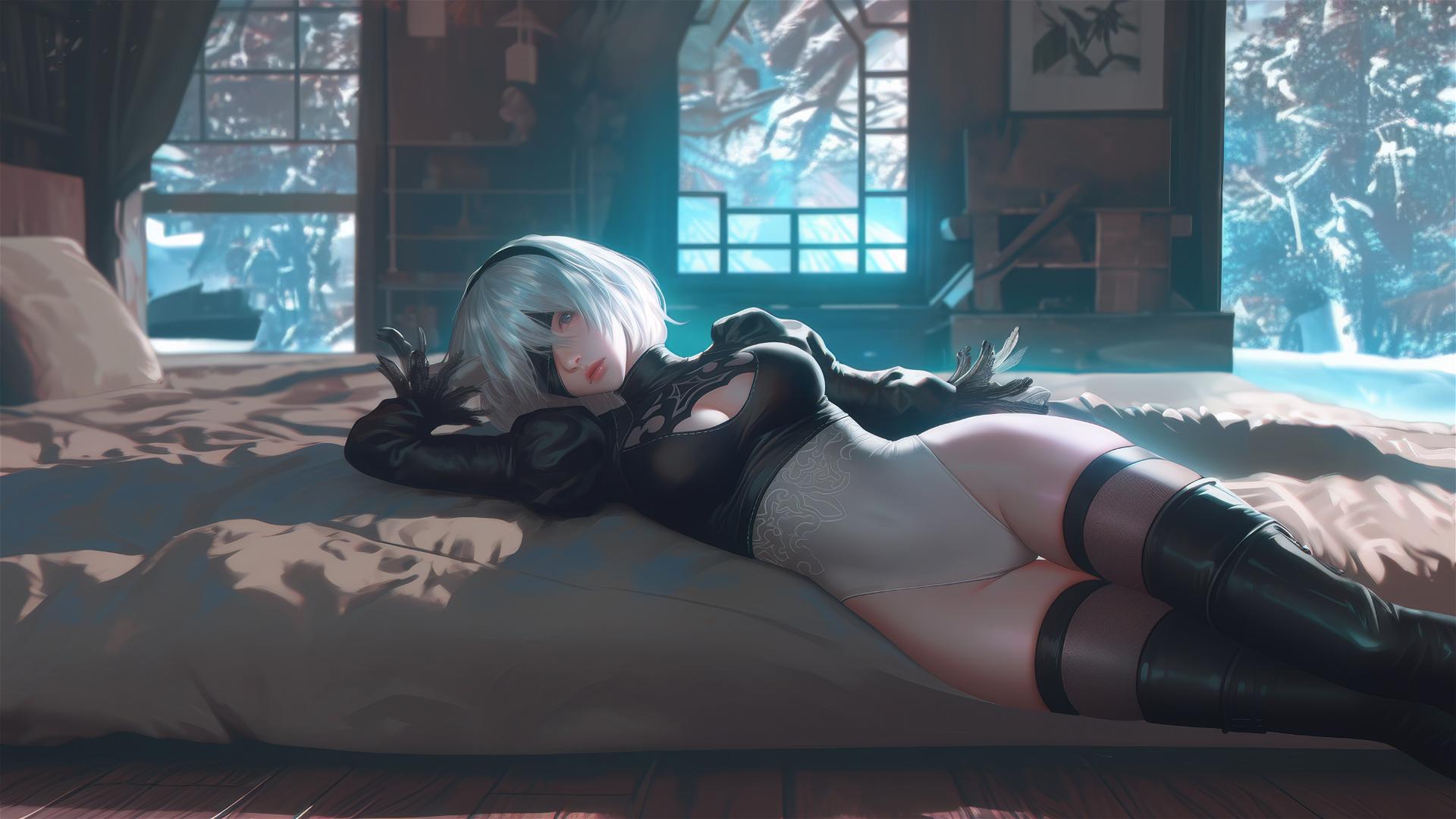 2B from Nier resting in a modern hotel room with soft moonlight glow