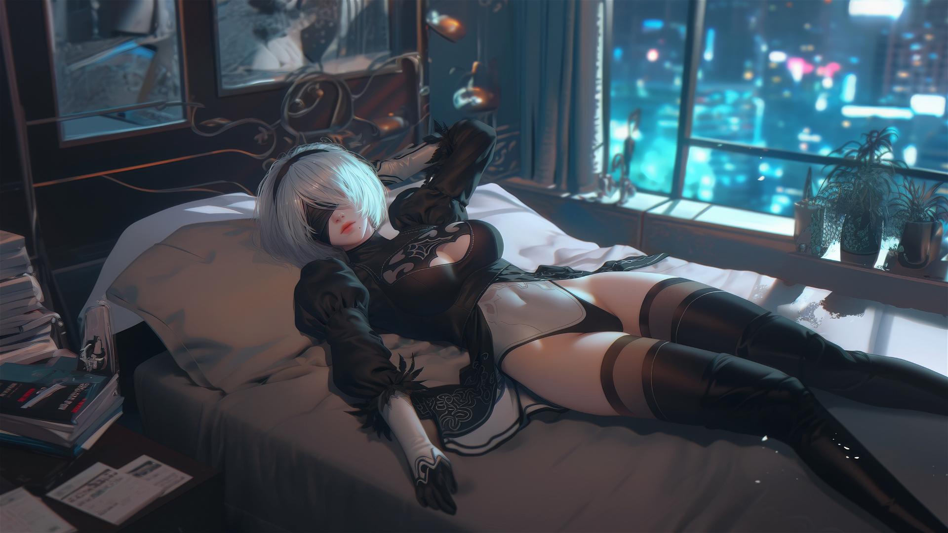 2B from Nier resting in a modern hotel room illuminated by moonlight.