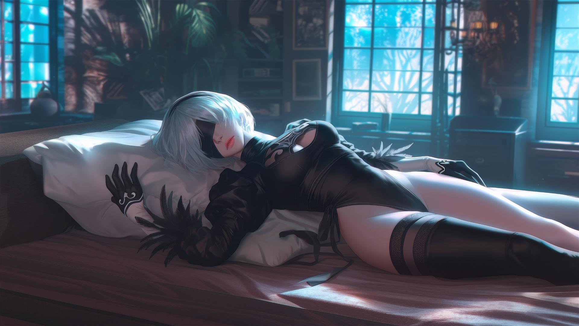 2B from Nier resting in a modern hotel room with soft moonlight glow.