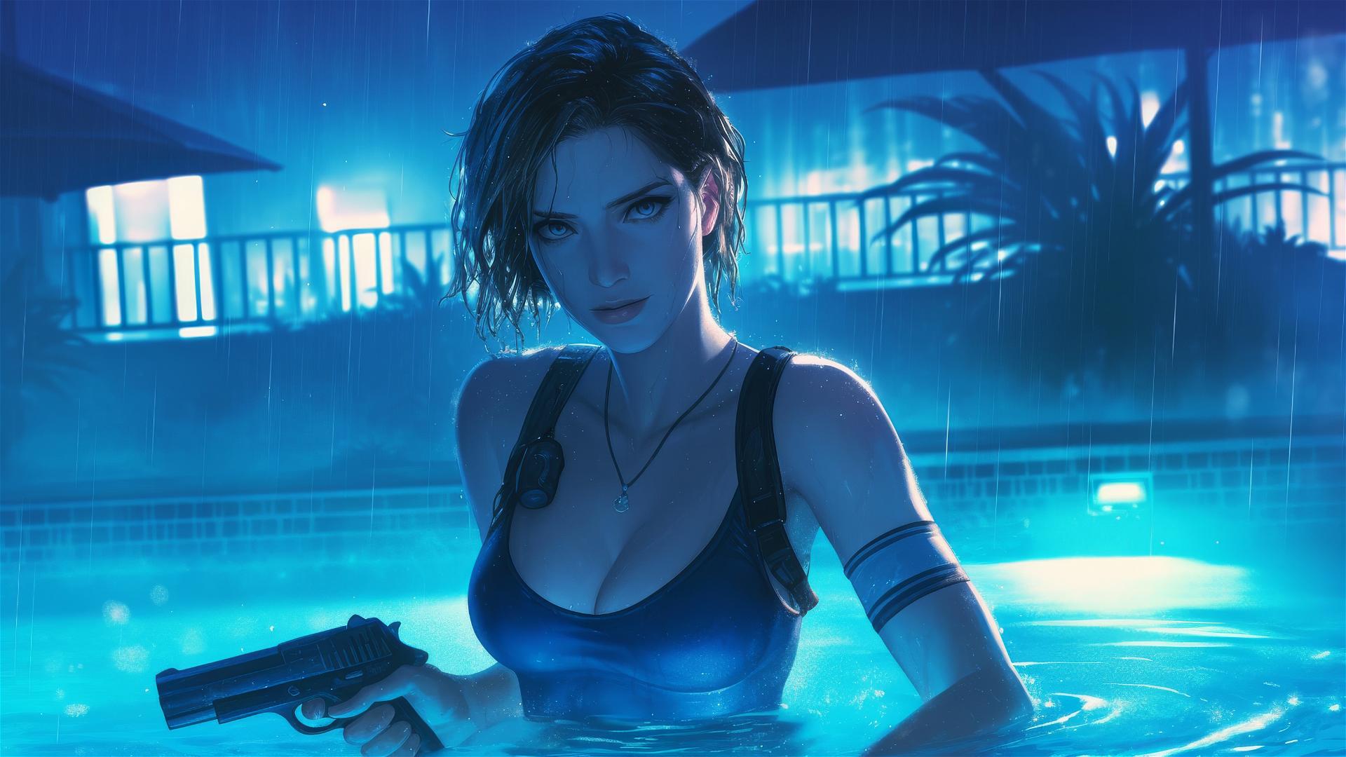 Jill Valentine standing in a rainy swimming pool illuminated by moonlight