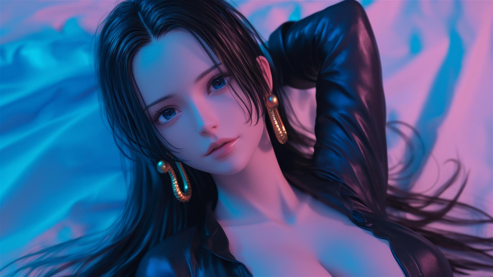High angle of Boa Hancock from One Piece in black and pink leather on pink background