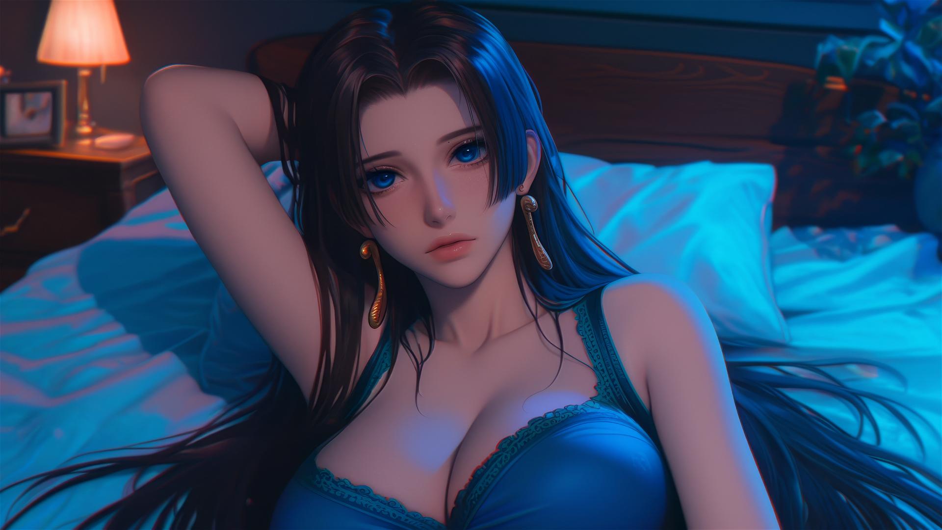 Boa Hancock from One Piece in bed, neon colors, pink background, high contrast, anime style