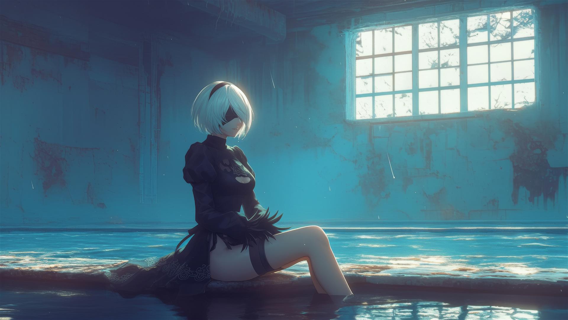 2B from Nier sitting by a rainy pool under moonlight
