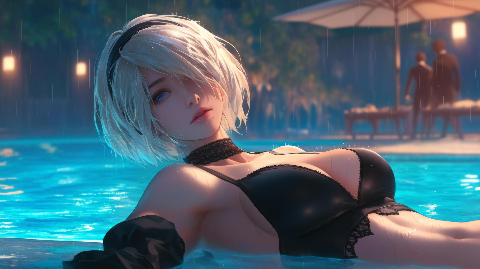 2B from Nier resting by a pool under moonlight, with short hair