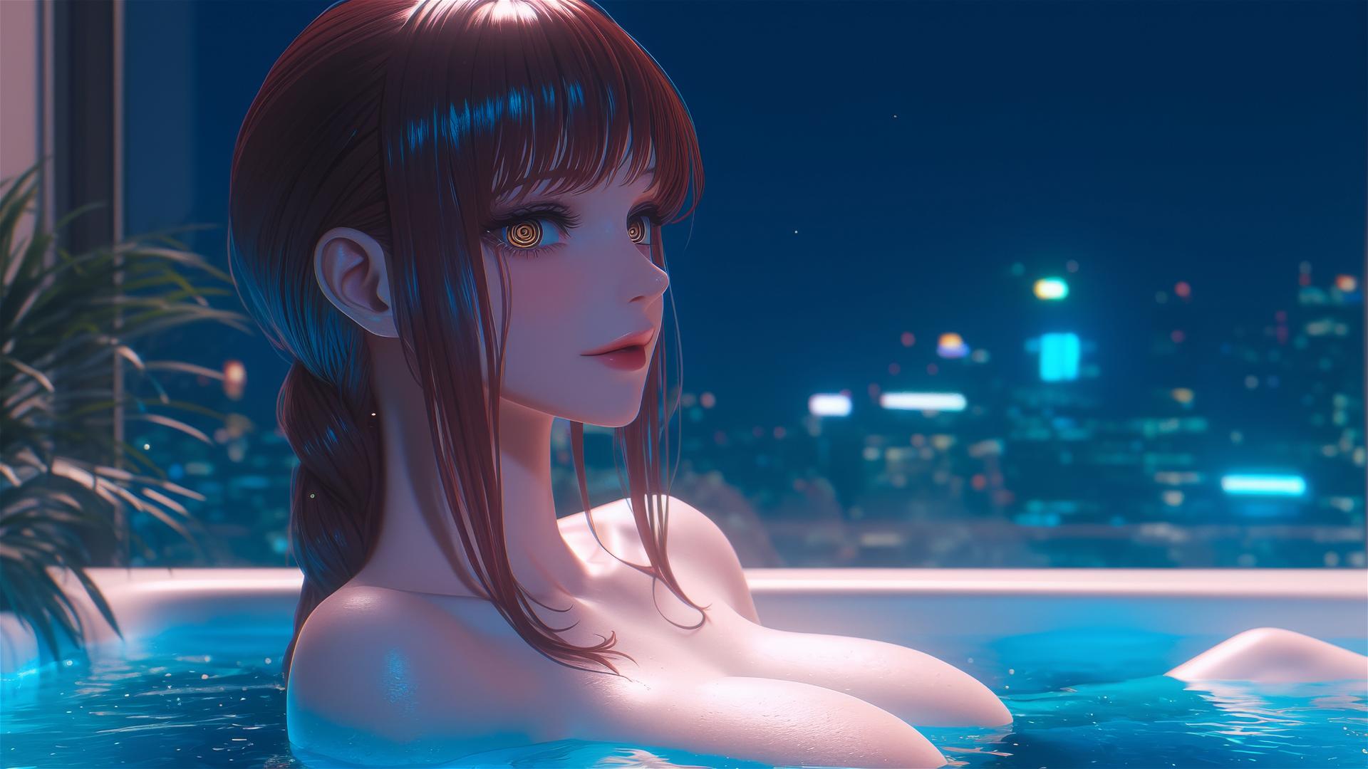 Makima resting in a tub under the moonlight, red hair glowing