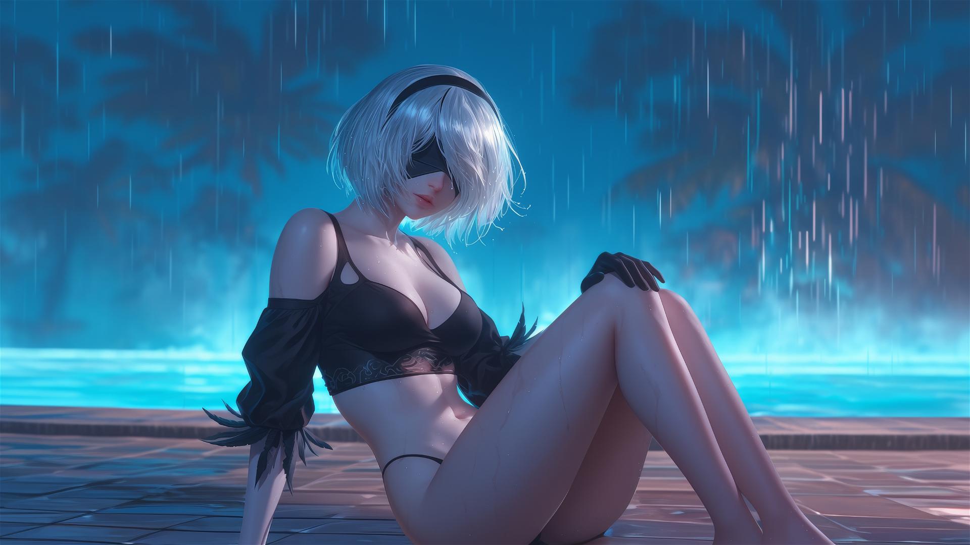 2B from Nier sitting by a rainy swimming pool under moonlight