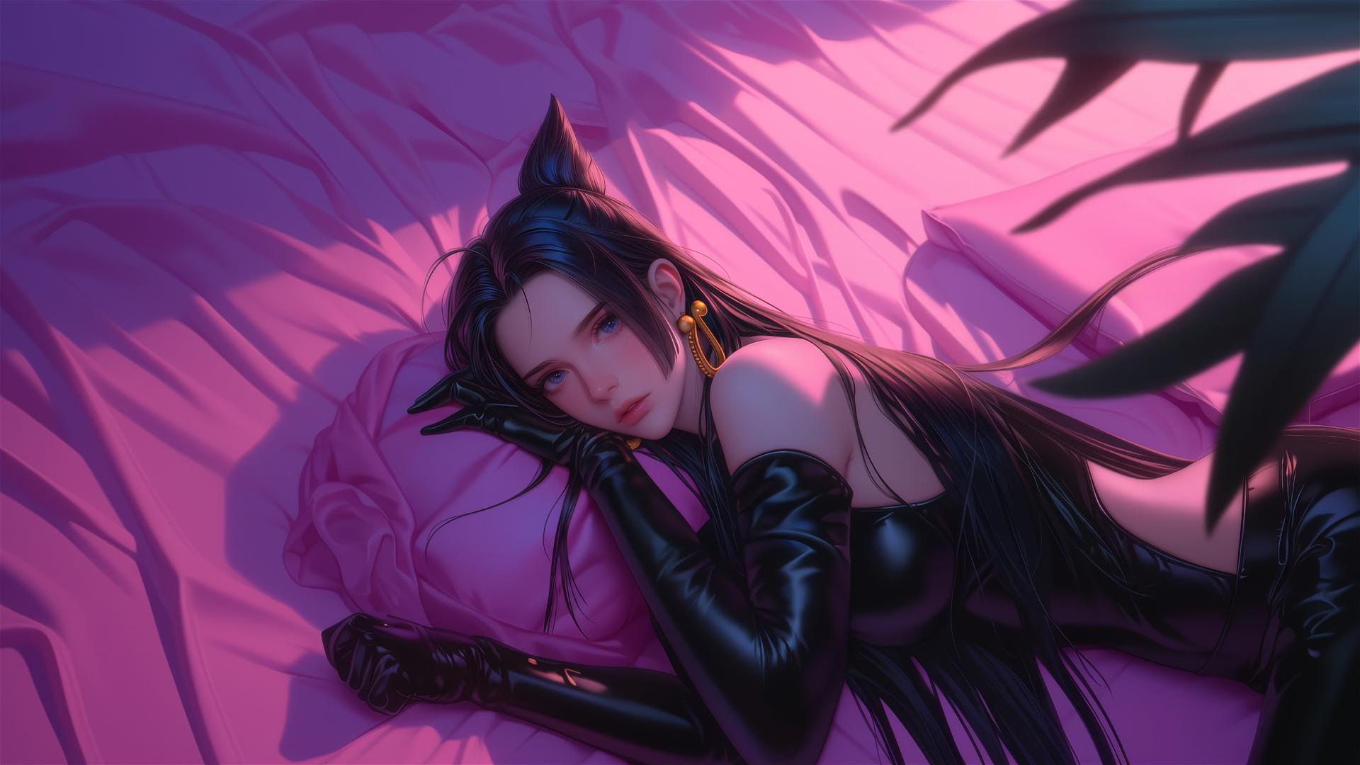 Boa Hancock from One Piece in bed, black and pink leather, neon colors