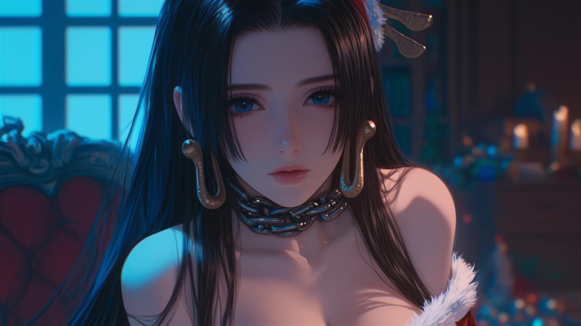 Boa Hancock in Christmas costume, chained in a neon-lit modern hotel room