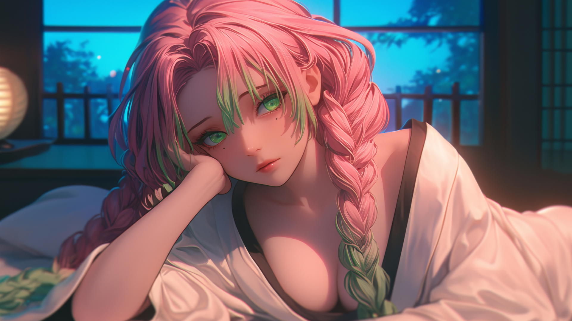 Mitsuri Kanroji from Demon Slayer resting in a modern hotel room, bathed in moonlight.