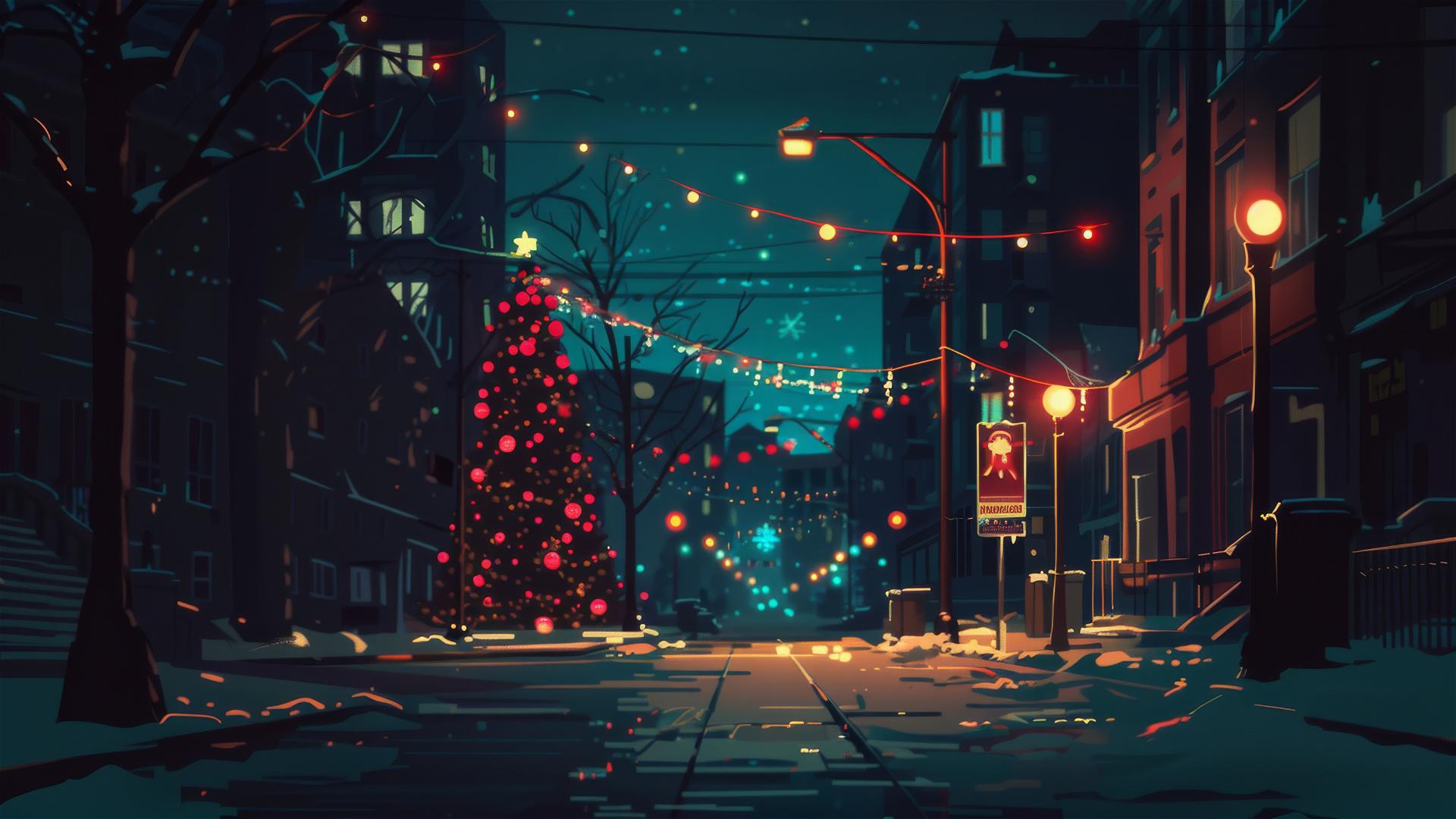 Christmas night in a silent modern city street