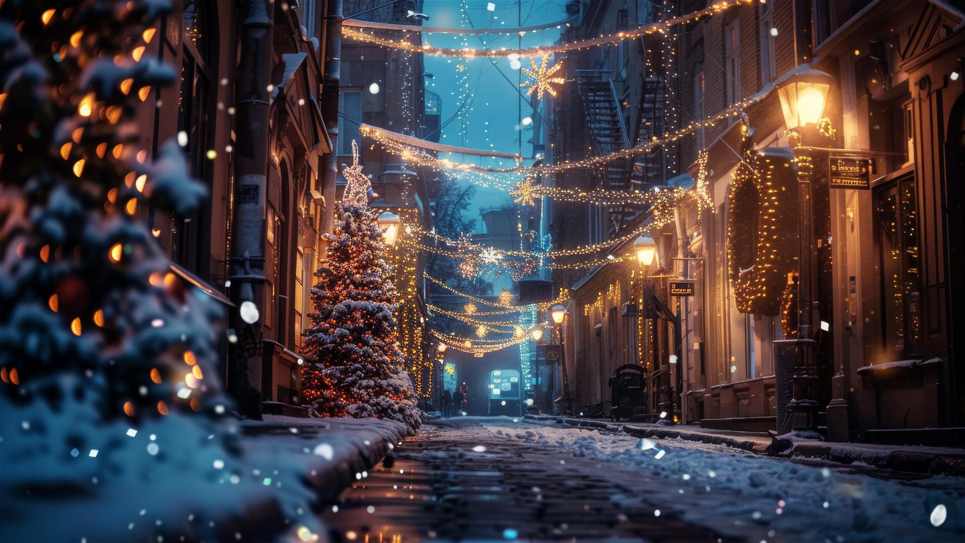 Christmas night in a silent modern city street