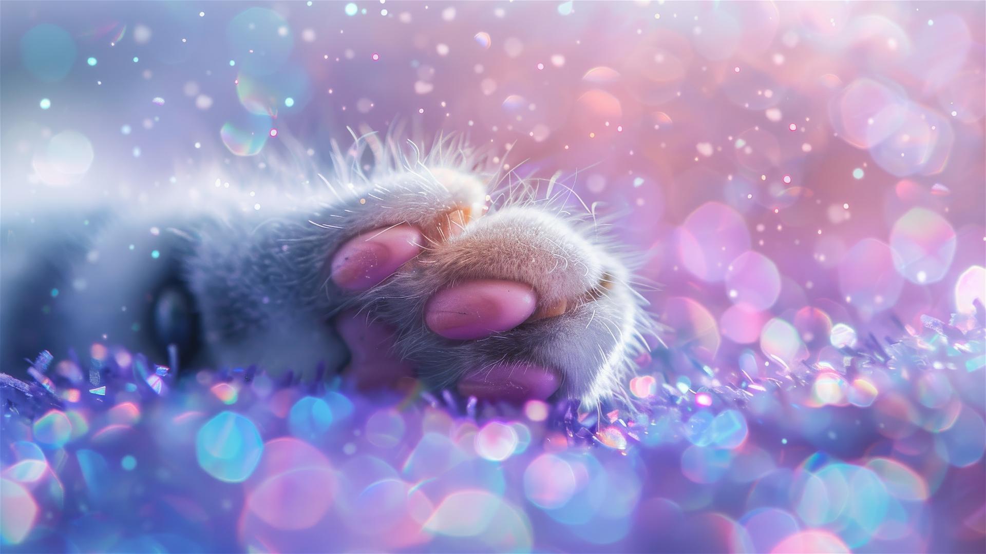 Dreamy glitter with a cute cat paw in bright light