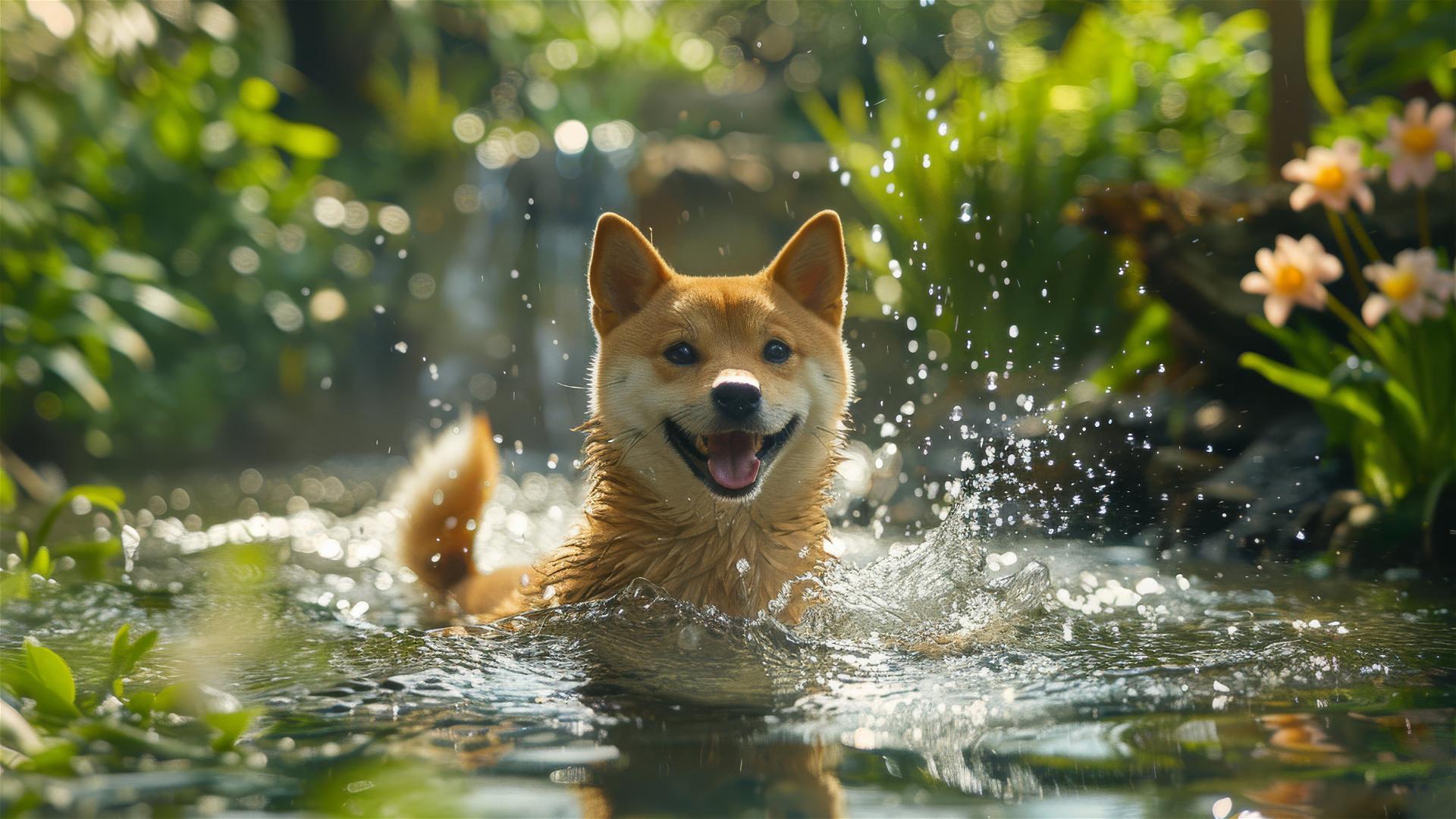 Shiba Inu paddling in a clear blue pond surrounded by colorful flowers and greenery
