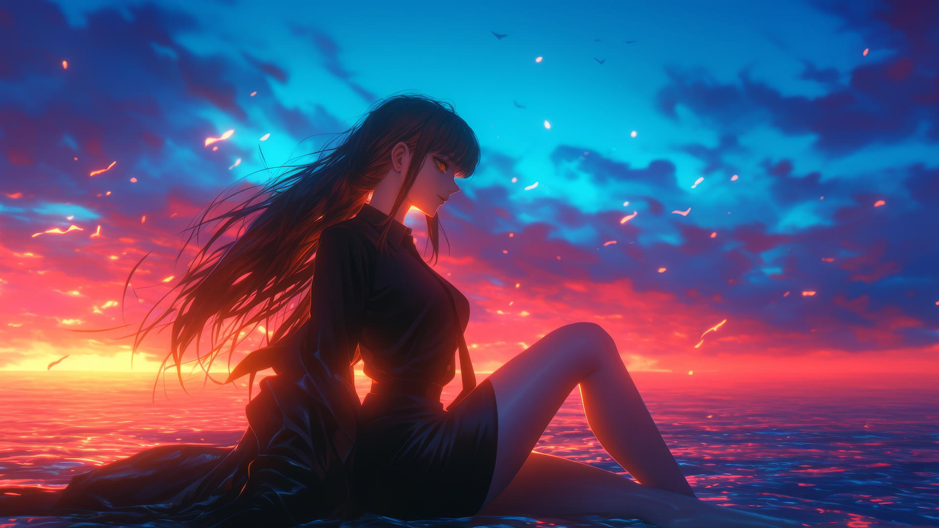 Makima from Chainsaw Man resting at sea during neon pink sunset