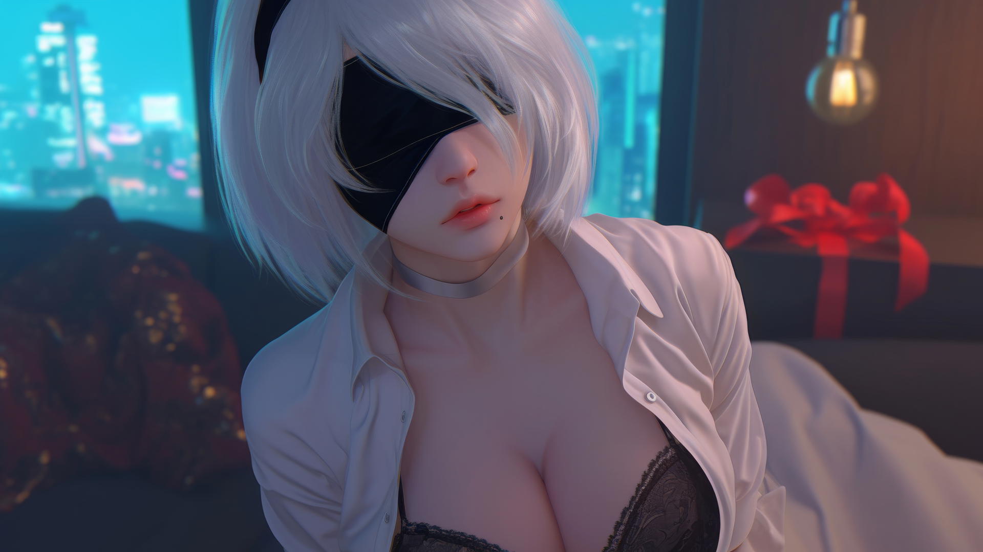2B from Nier in white shirt looking up, blindfolded, neon-lit hotel room.