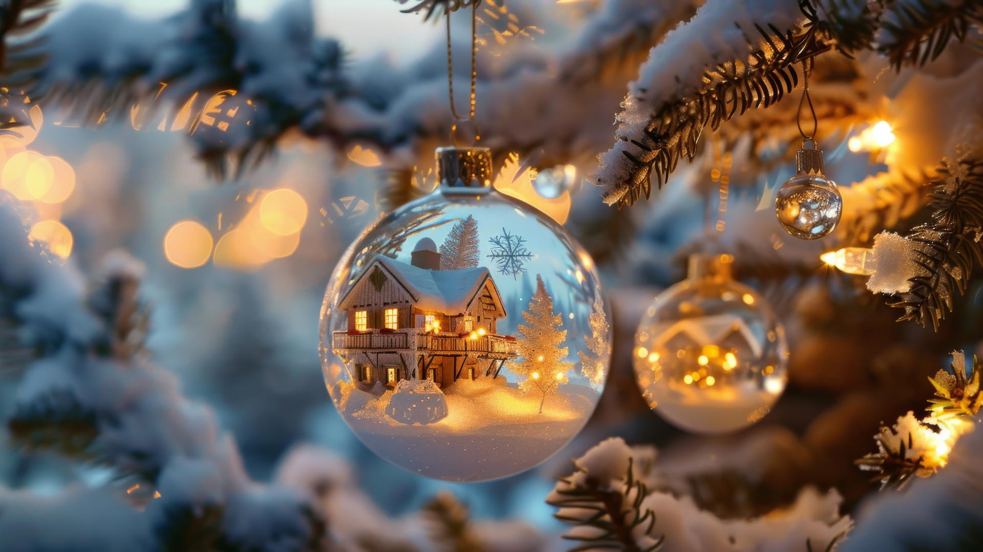 Glass Christmas balls on a tree with snow-covered villages inside, warm glowing houses.
