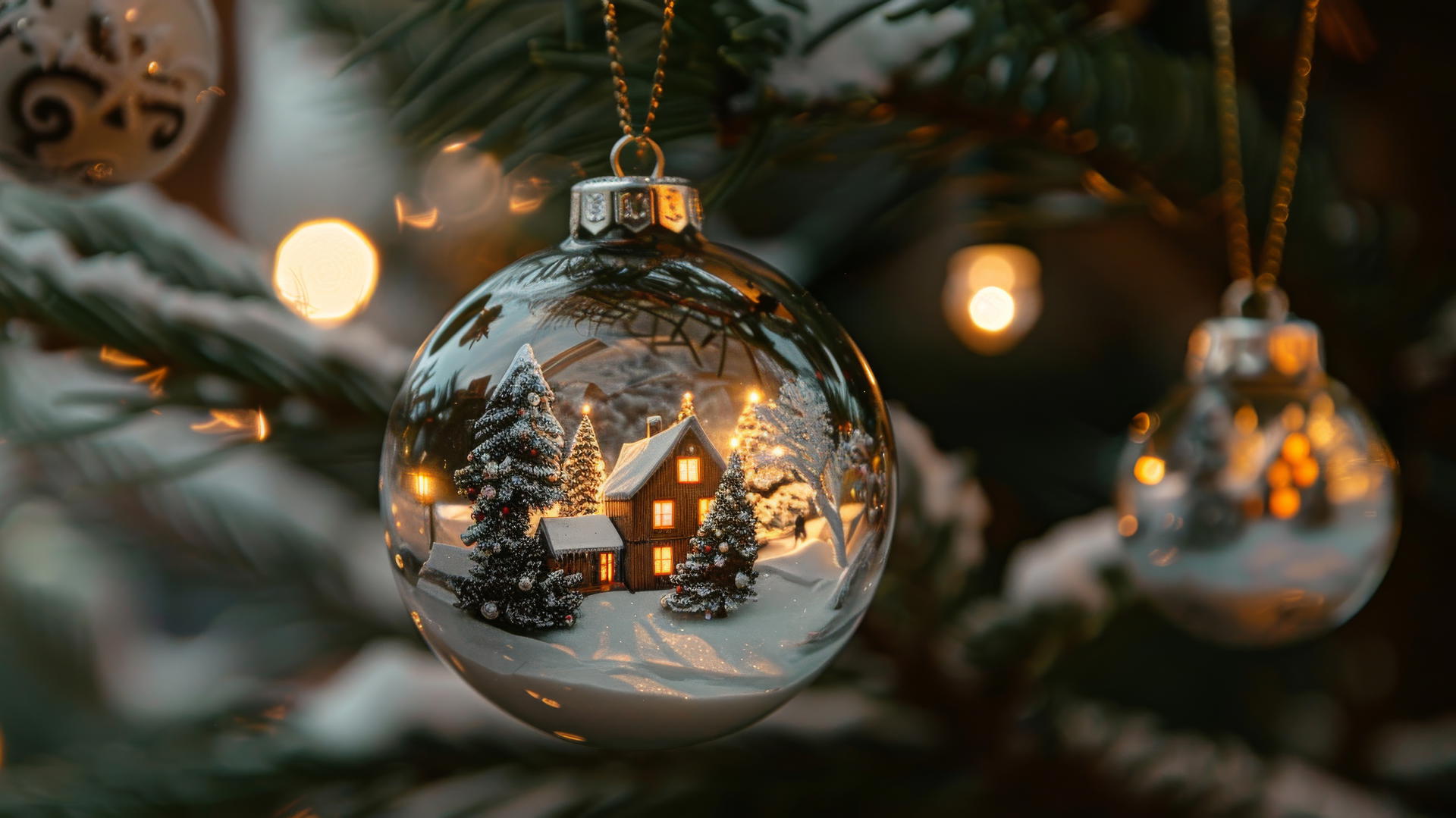 Glass Christmas balls with snow-covered villages and glowing houses on a tree.