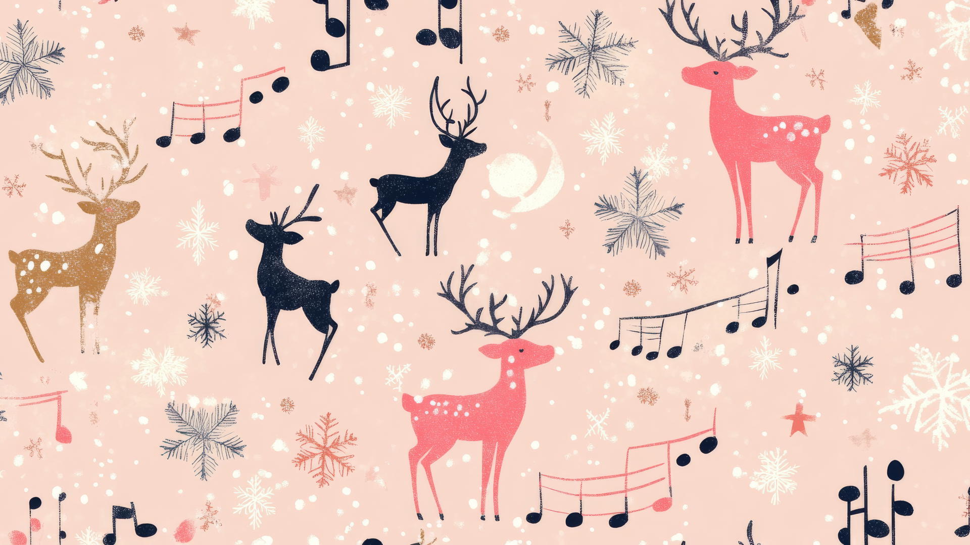 aesthetic preppy Christmas wallpaper with reindeer, musical notes, and snowflakes on pastel pink